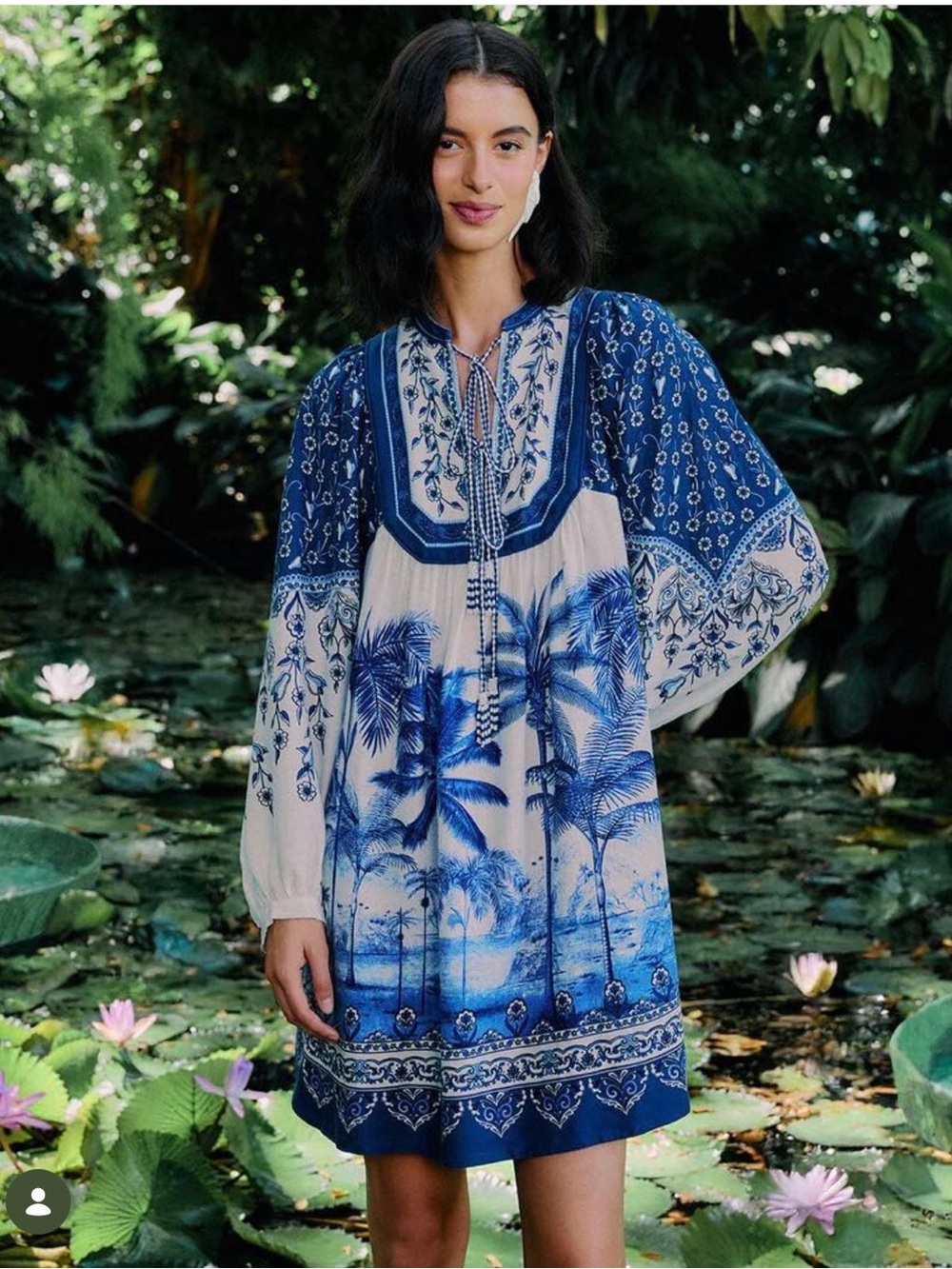 FARM Rio Palm Tree Linen Tie Front Dress